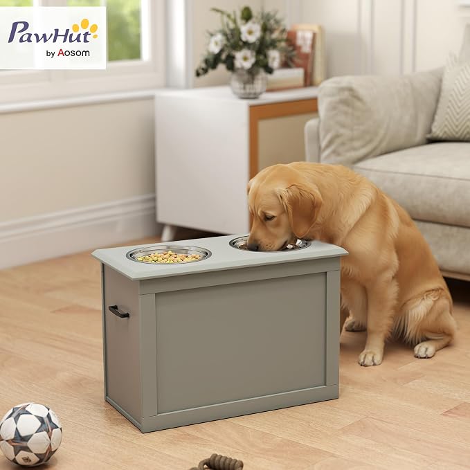 PawHut Raised Pet Feeding Storage Station with 2 Stainless Steel Bowls Base for Large Dogs and Other Large Pets, Gray | with2 Stainless Steel Bowls Base for Other Large Pets - Image 2