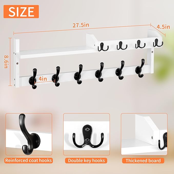 Coat Rack Wall Mount with Shelf, 27.5" Entryway Wall Hanging Shelf, Coat and Key Hanger with 10 Dual Hooks, Mail Organizer and Key Holder Hat Rack for Wall, Wood Coat Hooks with Storage - Image 2
