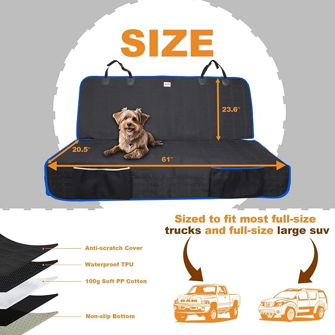 Dog Car Seat Cover for Back Seat, 61-Inch Waterproof Blue Bench Protector | Washable Seat Covers for Trucks, Nonslip Truck Car Seat Cover for F150, Ram 1500, GMC Sierra, Toyota and Silverado - Image 4