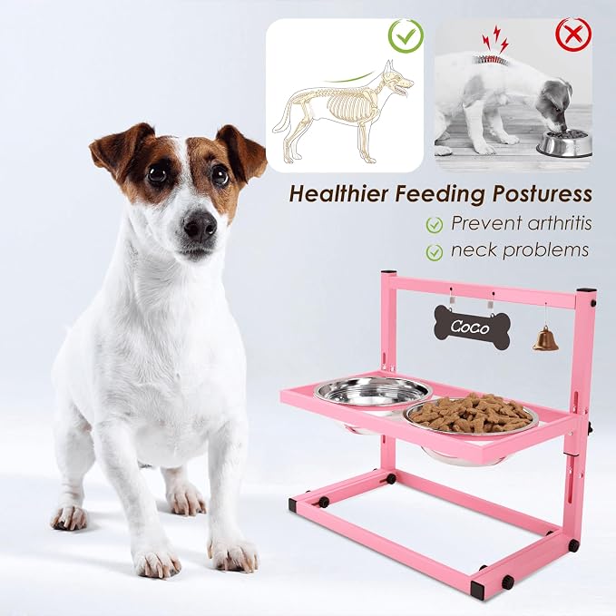 SHAINFUN Elevated Bowls for Small and Medium Dogs, Raised Stand With 2 Stainless Steel Food & Water Bowls, Adjustable Height Feeder for Puppy & Cats, Cute Pink - Image 2