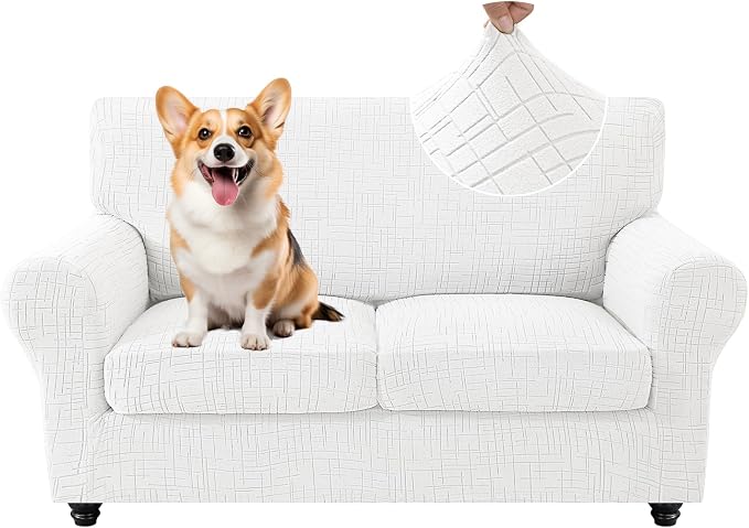 CYCMCAO 3 Piece Stretch Sofa Cover Couch Covers for 2 Cushion Couch, Loveseat Covers Stay in Place, Sofa Covers Washable with Elastic Bottom for Dogs (Off-White), 71"-91" (2 Cushion Sofa) by CYCMACOHOME