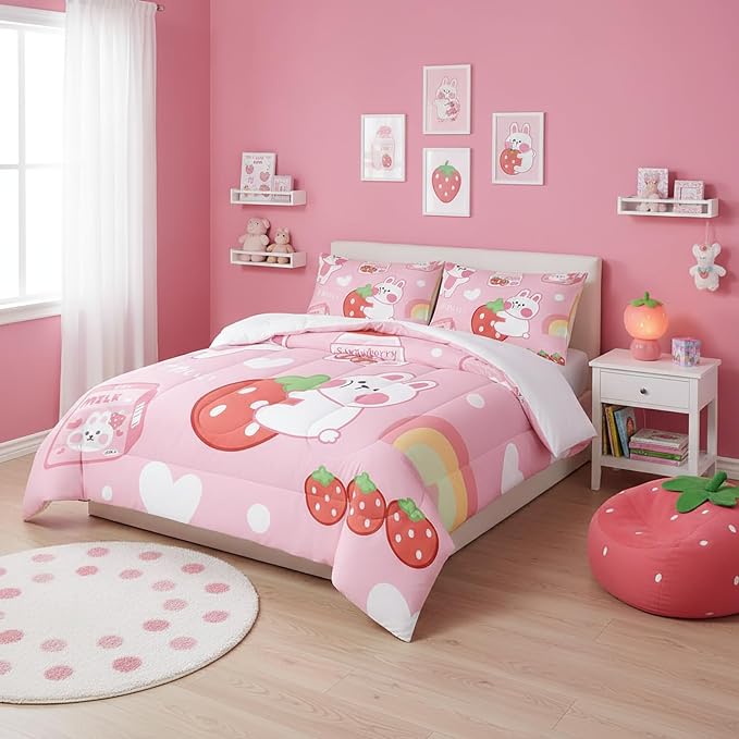QOOMO Strawberry Rabbit Comforter Set for Kids Teens Girls Women,Pink Bunny Kids Comforter,1 Comforter with 2 Pillowcase, Microfiber 3 Piece Bedding Set,for All Seasons(Pink，Twin Size) by QOOMOHOME