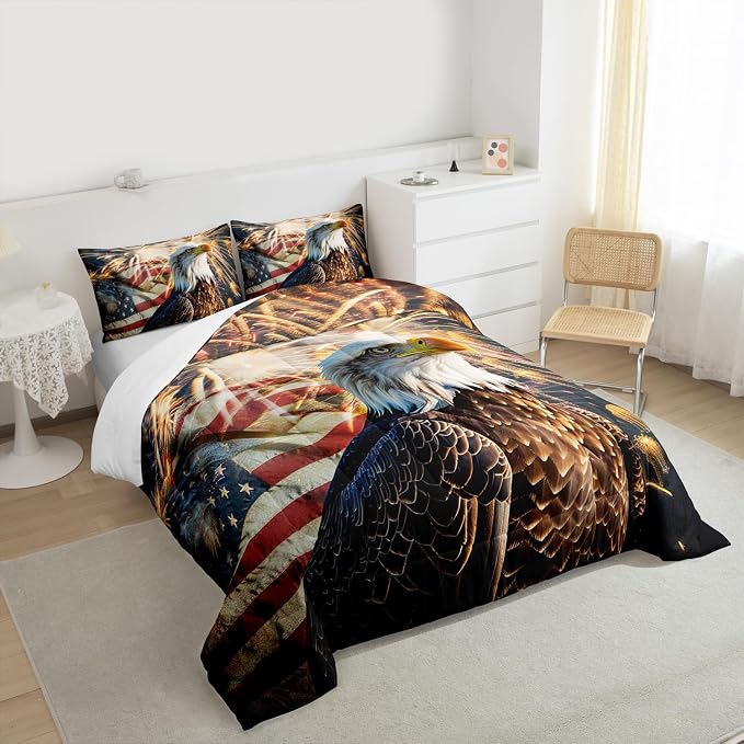Erosebridal American Flag Comforter Eagle Room Decorative Comforter Set King Size Firework Bedding Set Wildlife Animal Bird Down Comforter Soft Lightweight Quilt Set with 2 Pillowcases - Image 3