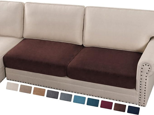 PrinceDeco Velvet Couch Cushion Cover Soft Stretch Cushion Slipcover for Chair Loveseat Sofa Cushion Furniture Protector Seat Cushion Sofa Cover Each Width Up to 40", Brown by PrinceDeco
