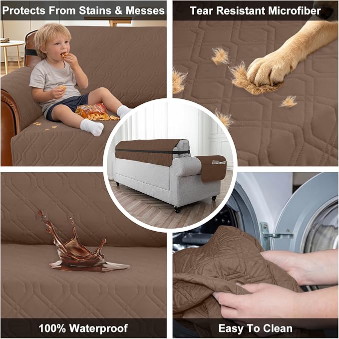 100% Waterproof Quilted Couch Cover,Straps&Pockets,78" Darkbrown | Washable sofa cover, pet-friendly, scratch-resistant furniture protector, quilted sofa cover, reversible, non-slip backing. - Image 3