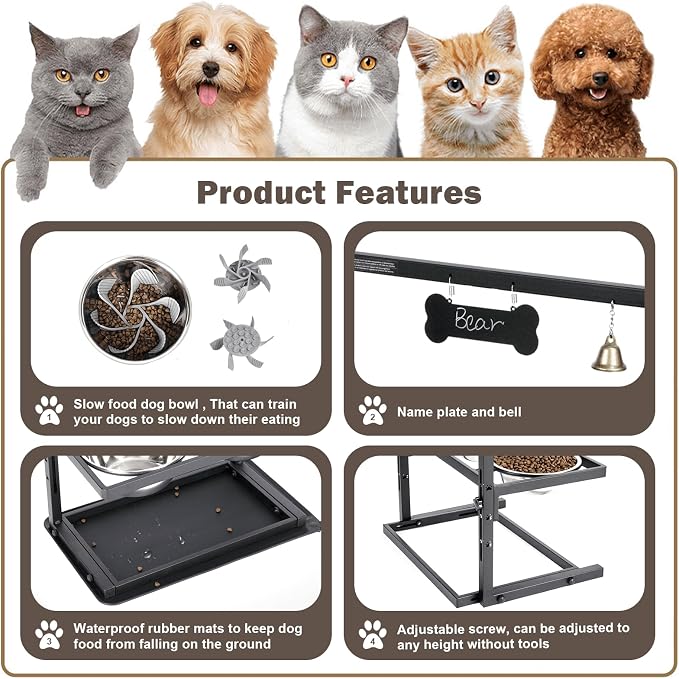 SHAINFUN Elevated Dog Bowls - Slow Feeder, Raised Stand with Two 1700ML Stainless Steel Bowls, Spill Proof Mat for Large & Medium Dogs - Image 3