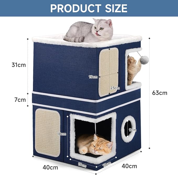 Shikha 2 Story Cat House beds for Indoor Cats with Scratch Pads Blue | 2 in 1 Dual Use Double Cat Bed Cave for Multiple Pets Kitten, Elevated Perch for a Wide View, All Season Reversible Cushion - Image 3