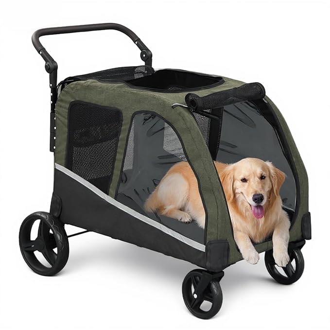 Dog Stroller for Large Dogs, Extra Large Pet Stroller for Medium Dogs, Dog Wagon Carriage, Foldable Design, Adjustable Handle, with Pocket, Up to 160 lbs, Green