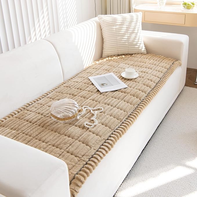 STACYPIK Geometric Striped Sofa Cover Non-Slip Fuzzy Pets Couch Cover for 2 Cushion Couch, Washable Khaki Couch Cover for Dogs, Jacquard Warm Corduroy Bed Mat Cover-23.6x59.1IN - Image 2