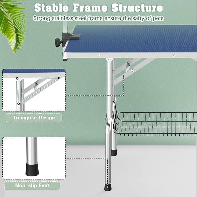 Lyromix 42'' Stainless Steel Pet Dog Grooming Table, Arm/Noose/Tray, Blue | Foldable Dog Grooming Table for Dogs at Home, Adjustable Height Arm, Non-Slip Waterproof Tabletop, Capacity 330Lb - Image 6