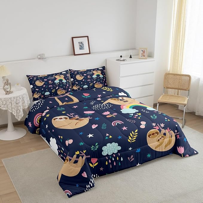 Homewish Cute Brown Sloth Comforter Set King Size, Cartoon Animal & Flowers Rainbow Print Bedding Set for Kids Girls Boys Teens, Watercolor Quilted Duvet with 2 Pillowcases Decor Bedroom, Dark Blue - Image 3
