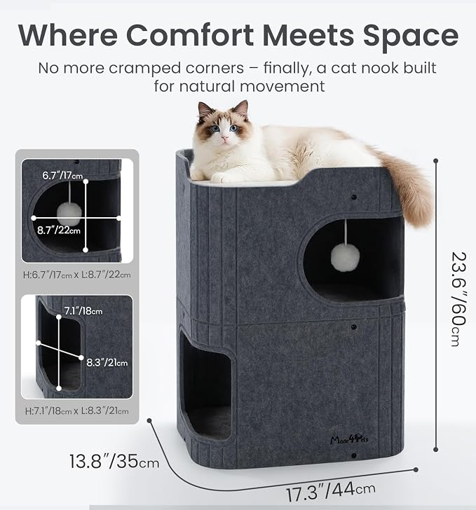 Made4Pets Cat House for Indoor Use, 2-Storey Cube Bed Cave, Covered Hideaway Condo with Scratch-Resistant Felt, Foldable Easy-to-Clean Design for Multi-Cat Homes, Dark Grey - Image 8
