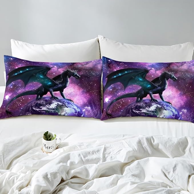 Erosebridal Dragon Bedding Set Purple Nebula Comforter Set Twin Size Mysterious Outer Space Duvet Set Trippy Bedding Set for Kids Boys Girls Teens Room Decor, Safari Wildlife Animals Quilt Set - Image 5