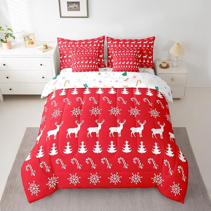 Erosebridal Christmas Full Bedding Set 7 Piece,Xmas Elk Deer Bed in A Bag,Winter Snowflake Comforter Set Candy Pine Tree Sheet Set with Comforter,Red Christmas Decoration - Image 3