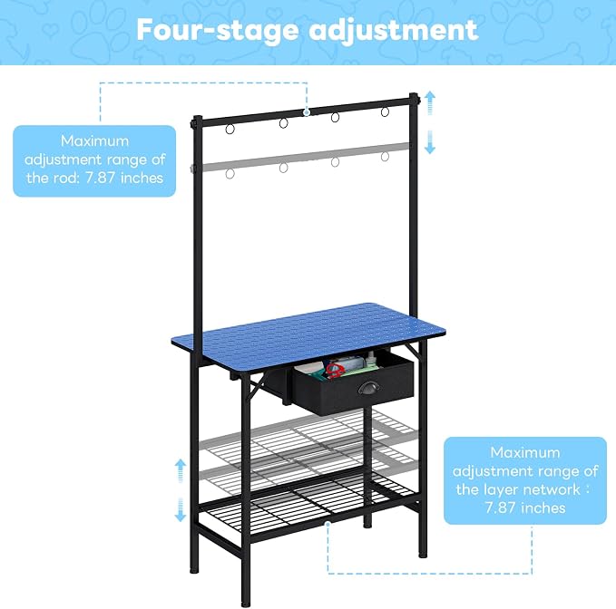 32-Inch Dog Grooming Table with Drawer & Mesh Tray,Adjustable Pet Grooming Table with Non-Slip Removable Washable Mat & EVA Protective Lanyard, Professional Grooming Table for Small Dog at Home（Blue） - Image 4