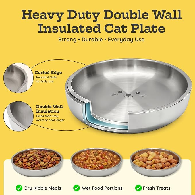 Stainless Steel Cat Food Bowl, 16 oz / 2 Cup Each, Heavy Duty Double Wall Insulated, Shallow Whisker-Friendly Design, Non-Slip Flat Base Dish for Cats & Kittens, D/W Safe (Pack of 2) - Image 5