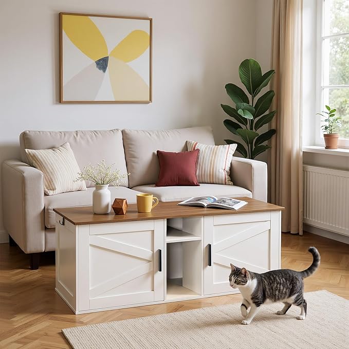 HOOBRO Double Litter Box Enclosure, Modern Cat Litter Box Furniture with Storage and Mat Design, Farmhouse Hidden Litter Box Enclosure with 2 Hooks, White and Walnut WH23MW01 - Image 5