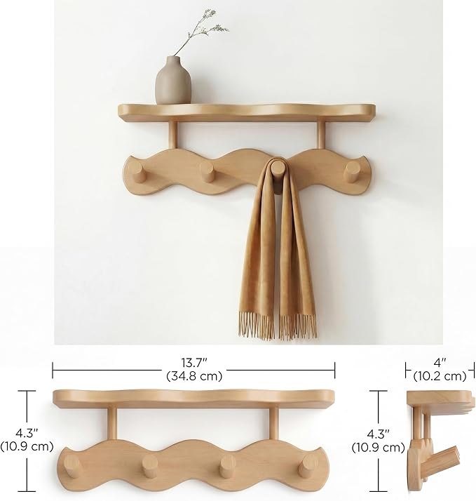 Wave-Shaped Bamboo Coat Rack Wall Mount with Shelf - Modern 4-Hook Rack | Modern Sculptural Wave Decor, Organic Wood Wall Mounted Rack with Storage Shelf, Heavy-Duty Hanging for Entryway & Bedroom - Image 4