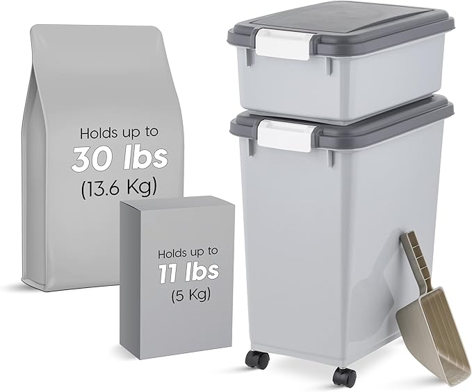 IRIS USA Dog Food Storage Container, 30 lbs & 11 lbs Combo, Cat Food Storage Container, Dog Treat Container, Airtight, Stackable, 2-Cup Scoop, Wheels, Easy Mobility, Gray - Image 2
