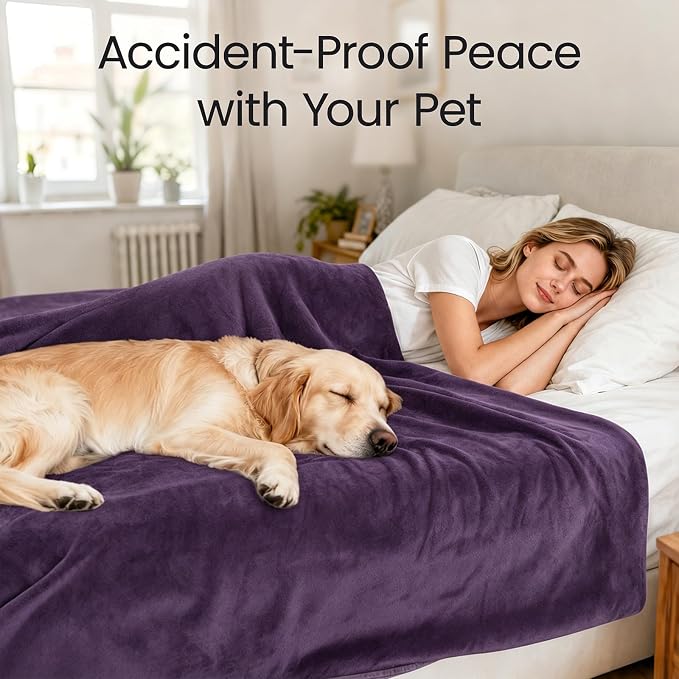 LOOBANI Waterproof Blanket for Twin Size Bed, Reversible Leakproof, 60"x80" | Waterproof Dog Blanket for Pet Accidents, Soft Flannel & Coral Fleece, Stain-Resistant Furniture Protector, Deep Purple - Image 3