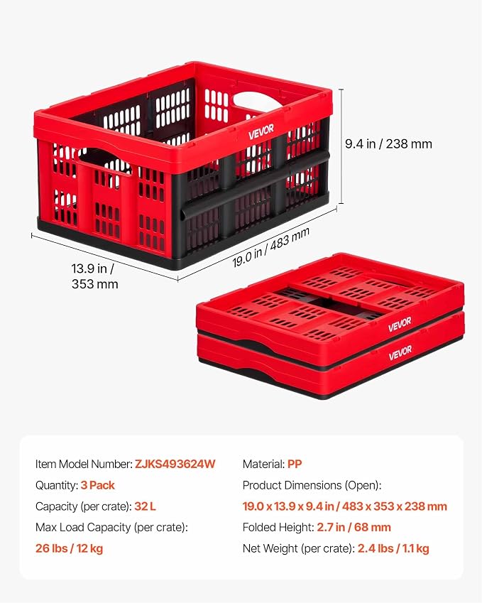 VEVOR Plastic Collapsible Storage Bins, 32L 3 Packs, Stackable Folding Storage Crates with Handles, Holds 26 lbs Per Bin, Foldable Heavy Duty Containers, Space-Saving Baskets, for Home Organizing - Image 7