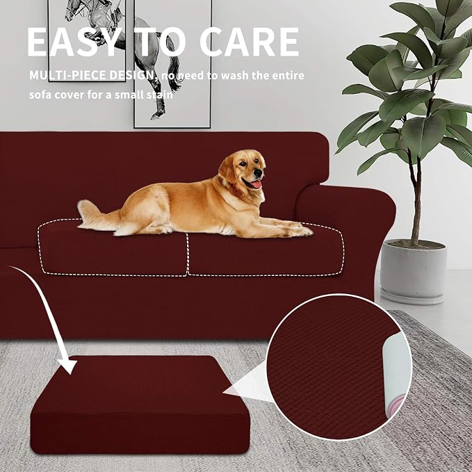 Easy-Going 4 Pieces Stretch Couch Cover Oversized Sofa Cover for Dogs Washable Sofa Slipcover for 3 Separate Cushion Couch Spandex Elastic Furniture Protector for Pets, Kids (Wine, Oversized Sofa) - Image 3