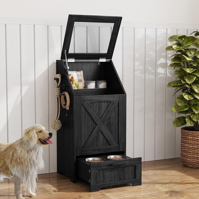 Dog Feeding Station with Storage Cabinet and 2 Elevated Dog Bowls, Hidden Pet Food Storage Organizer for Dog &Cat,Modern Dogs Furniture (Black) by Unknown