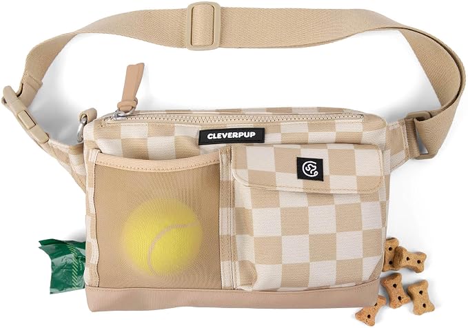 Cleverpup Walk & Train 2-in-1 Dog Walking Bag - Hands-Free Training Crossbody Sling & Fanny Pack with Treat Pouch, Poop Bag Holder, Phone Pockets - Adjustable Waist or Shoulder Strap - Checkerboard by Cleverpup