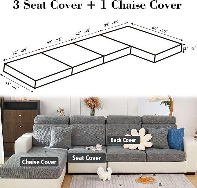 Couch Cushion Covers & Couch Cover for Sectional Sofas, Reversible Non-Slip Sofa Slipcovers, Washable Pet Proof Home Decor Protector (Gray Blue, 3 Seats + Chaise Cover) - Image 2