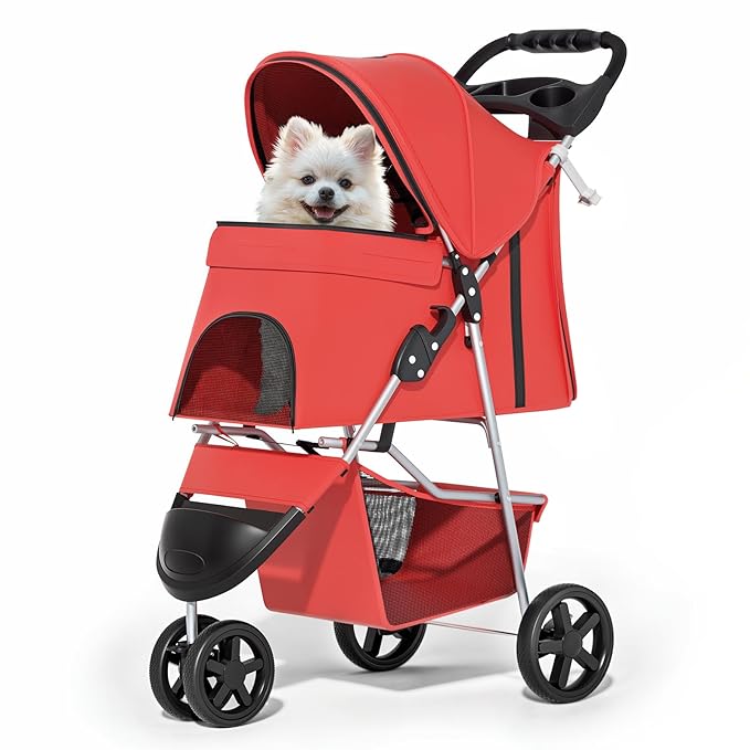MoNiBloom 3 Wheels Pet Stroller, Foldable Puppy Cage Jogger Stroller with Weather Cover for All-Season, Storage Basket and Cup Holder, Breathable and Visible Mesh for Small/Medium Pets, Red