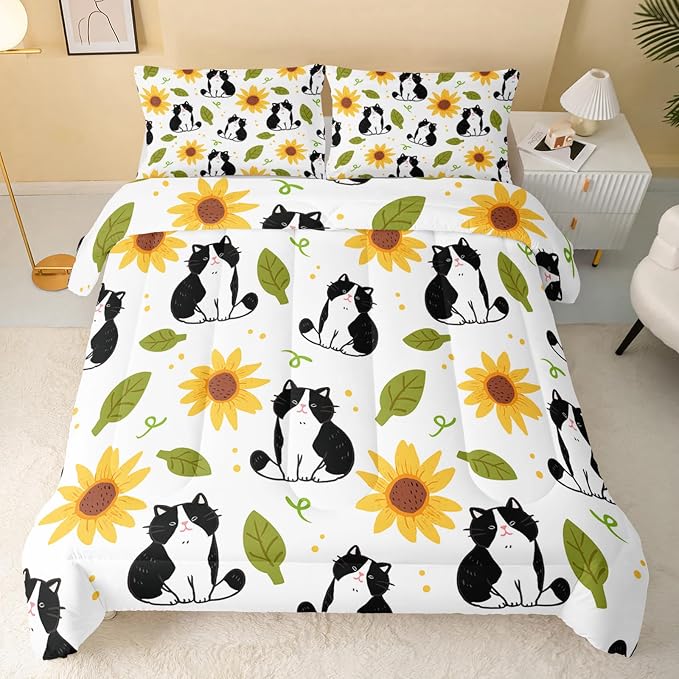 QOOMO Kawaii Cat Comforter Twin Size,Sunflower Cat Comforter Set for Kids Teens Girls Boys,3Pcs Bedding Set Printed Comforter with 2 Pillowcases,Down Alternative,Soft and Lightweight，Twin Size - Image 2