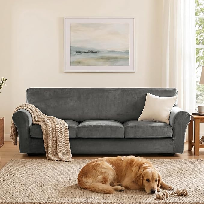 XINEAGE 4-Piece Velvet Oversize Sofa Cover, Couch Covers for Dog,Gray | 3 Cushion Large Sofa,Stretch Non-slip Elastic, Pet-friendly, Washable, Fast Setup, Soft Plush Fabric, Furniture Protector. - Image 4