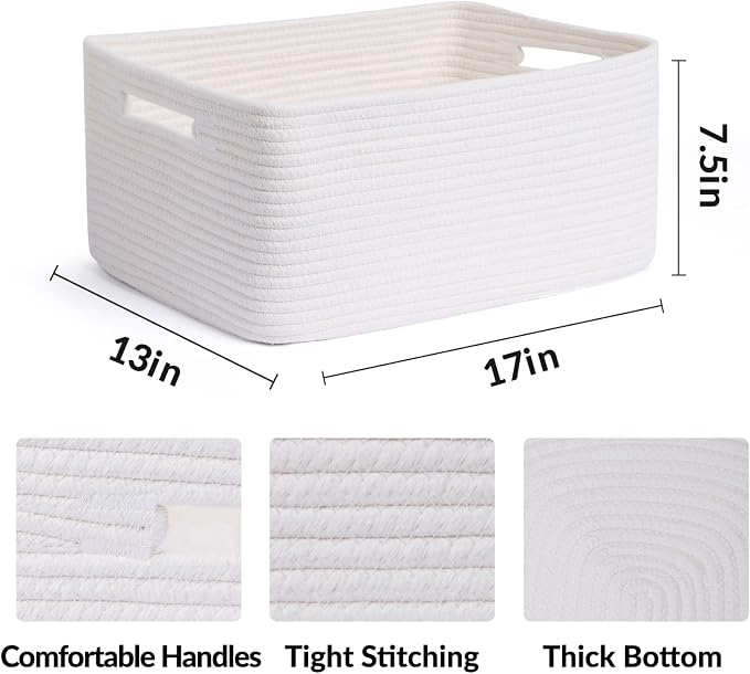 MiniArk Large Storage Baskets for Organizing, 17 x 13 x 7.5” Closet Shelf Baskets for Clothes Blanket Towels, Baby Nursery, Toy Bins Box, Woven Rope Baskets, 4 Packs Off White - Image 2