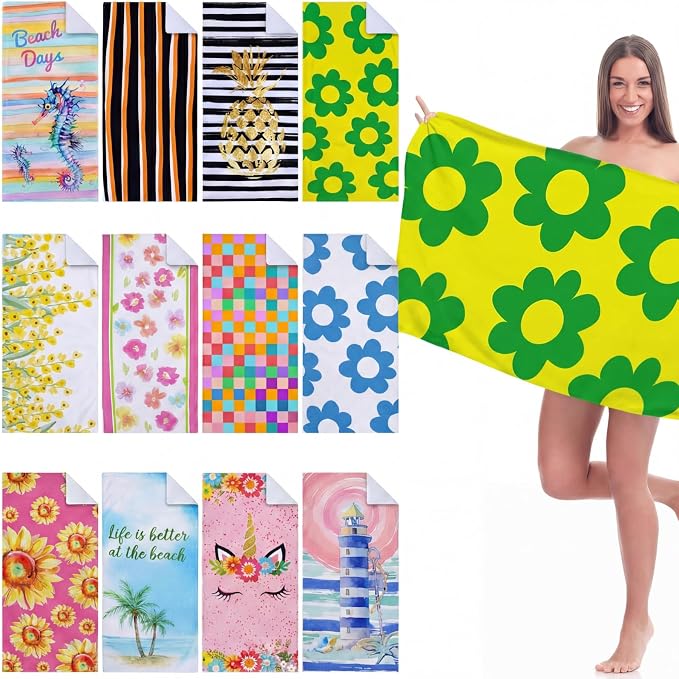 Newwiee 12 Pieces Large Microfiber Beach Towel Set Oversized 59 x 27.5 Inch Beach Pool Towel Bulk Quick Dry Lightweight Colorful Soft Absorbent for Adults Travel Swimming Supplies(Lighthouse) - Image 8