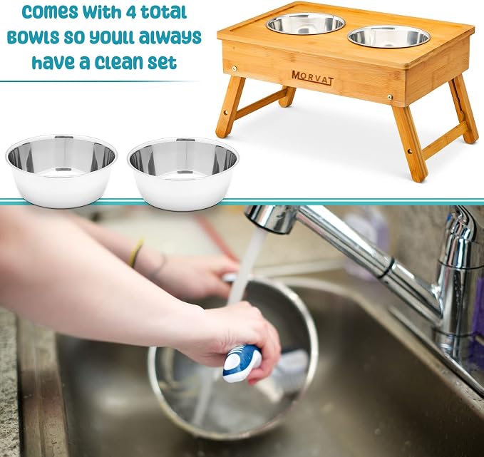 Morvat Raised Bamboo Wood Double Pet Feeder, Adjustable to 3 Heights, Elevated Feeding Station Stand for Small Medium & Large Dogs Puppies & Cats, Includes 4 Stainless Steel Food & Water Dish Bowls - Image 4