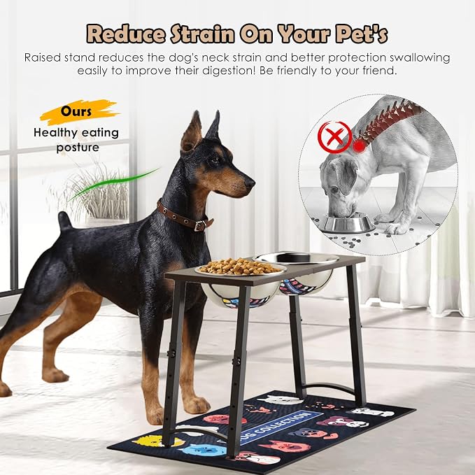 Elevated Dog Bowls for Large and X-Large Dogs, with Spill Proof Mat, 4 Heights Adjustable Wood Raised Dog Bowl Stand with Two Stainless Steel Food and Water Bowls, Non-Slip - Image 3