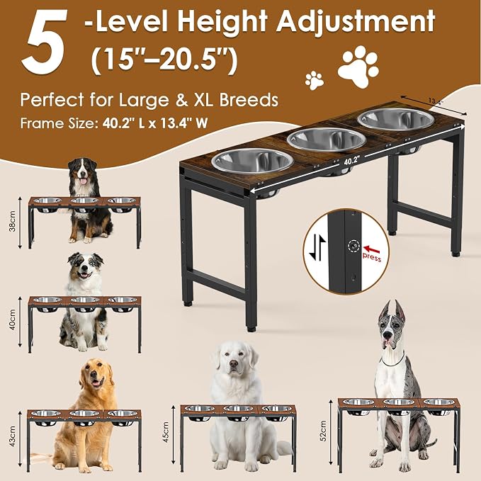 5-Height Adjustment 15"-20.5", Raised Dog Bowl Stand for Large Dogs | 3-Bowl Feeding Station; 304 Stainless Steel Bowls, 101oz Each; 3-Angle Tilt Reduces Vomiting; Solid iron Frame - Image 7