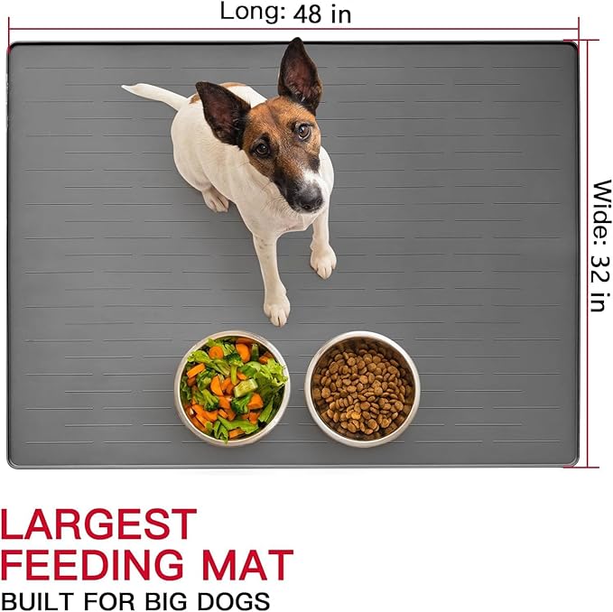 48" x 32" Largest Pet Food Mat, XXXL Silicone Dog Mats for Food and Water, Nonslip Pet Feeding Mats for Floors,Dog Cat Bowl Mat with Raised Edges, Gray White - Image 2