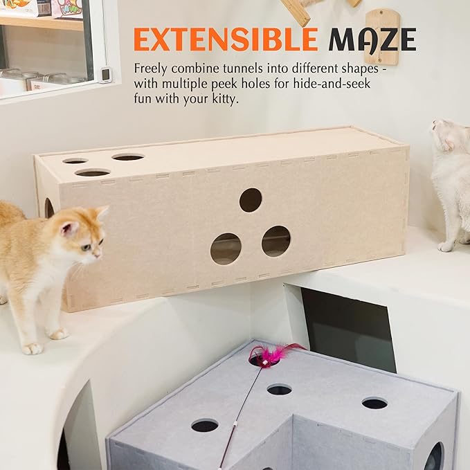 PETKARAY Cat Tunnel, Original Cat Hideaway Cave for Indoor Cats, Large Kitten Play Tubes and Tunnels, Soft Felt Cat Toy with Interactive Peek Hole, Beige Straight - Image 4