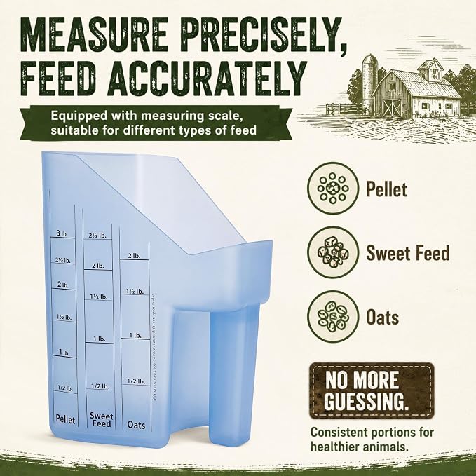 Uiifan 2 Pcs 3 Quart Horse Feed Scoop with Measurements, Heavy Duty Plastic Livestock Measuring Scoop for Grain, Pellets, Oats, Sweet Feed, Goat, Sheep and Cattle Supplies (Blue) - Image 3