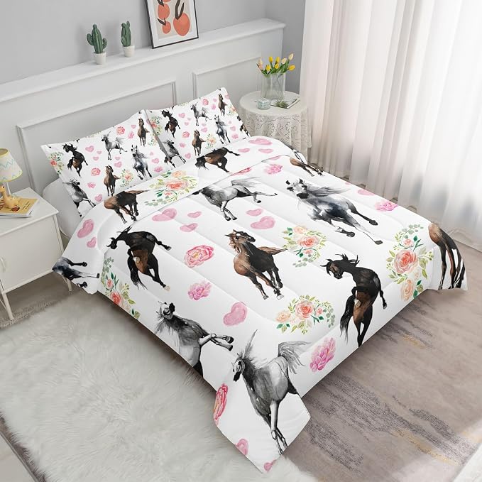 Western Horse Comforter Set Retro Floral Printed Bedding Set with 1 Comforter and 2 Pillowcases for Boys and Girls Bedroom All Season(Horse Full) - Image 2