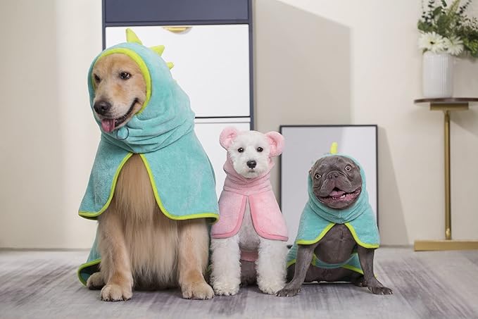 Pawyee Super Soft Fast-Drying Dog Towel with Drying Gloves for Cold Weather, Beach, Pool - Adjustable Microfiber Bath Robe Set (2 pcs) for Cats and Dogs (XL, Blue Dino) - Image 6