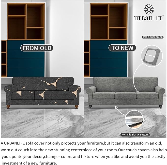 URBANLIFE 4-Piece Stretch Sofa Covers for 3 Cushion Couch, Light Gray | Super fitted spandex slipcovers for couches. Non-slip elastic bottom. Machine washable furniture protector for kids & pets. - Image 5