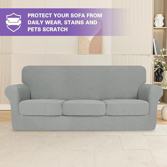ZNSAYOTX 4 Piece Stretch XL-Sofa Covers (91"-110") for 3 XL Cushion Couch, Thick Couch Cover with Elastic Band Bottom Ties Non-Slip Stay in Place, Soft Durable Oversized Slipcovers, Light Grey - Image 2