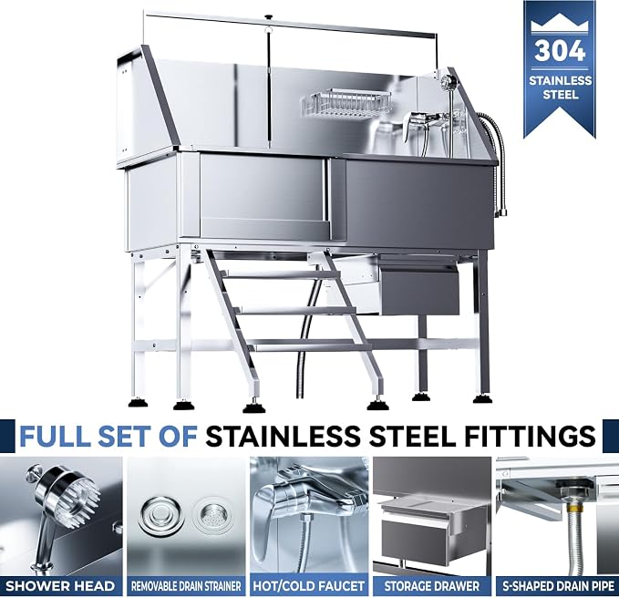 46" Dog Washing Station, Professional Stainless Steel Dog Bathtub w/Ramp & Storage Drawer, Adjustable Grate, Non-Slip Design, Perfect for Home Grooming & Large Dogs (46" Left Stair) - Image 2