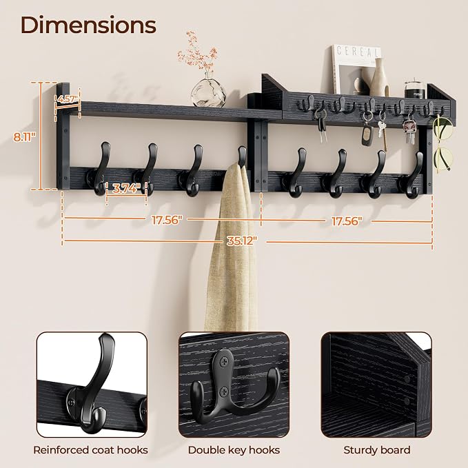 Evermagin 35" Coat Rack Wall Mount with Shelf for Entryway, Black | Wall Mounted Coat and Key Rack with Hooks, Key Holder with Mail Organizer for Wall, Living Room, Mudroom, Bedroom - Image 2