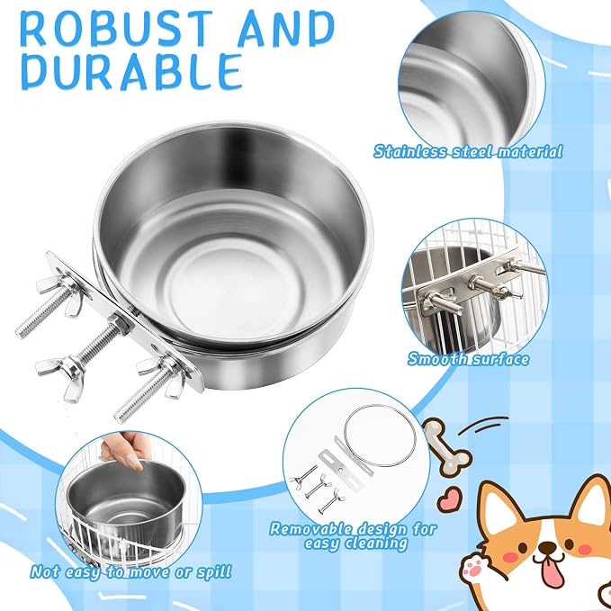 Zubebe 8 Pcs Stainless Steel Hanging Dog Crate Bowls, Non-Spill Kennel Food Water Bowls with Screw Clamp Attach Holders, Removable Mountable Metal Cage Feeder for Pet(41 Oz,19 oz) - Image 3