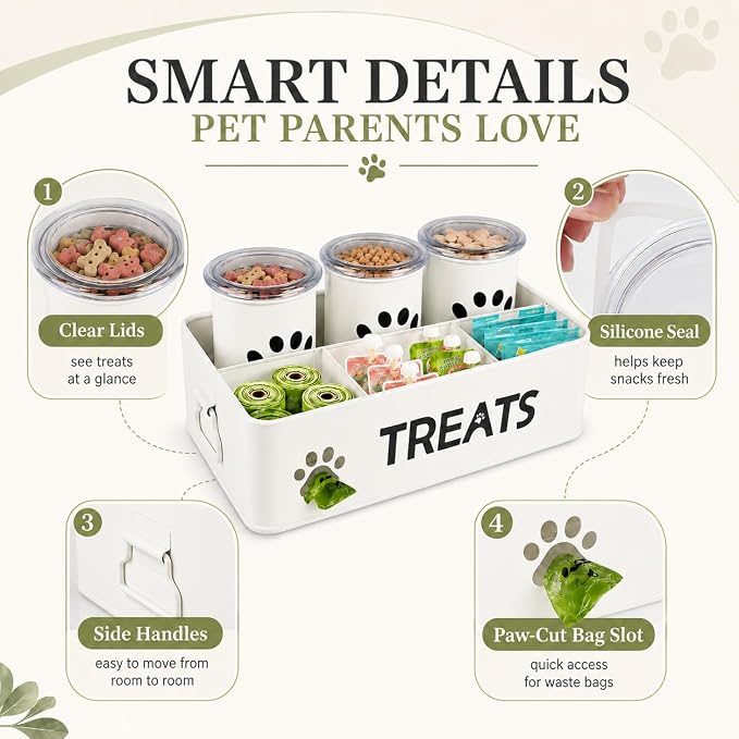 Dog Treat Organizer, 3 Pack 28 Oz Metal Dog Treat Containers with Airtight Lids, Dog Treat Jars and Canister Set for Countertop, Pet Food Treats Station for Dog Cat Biscuits, Kibble(White) - Image 2