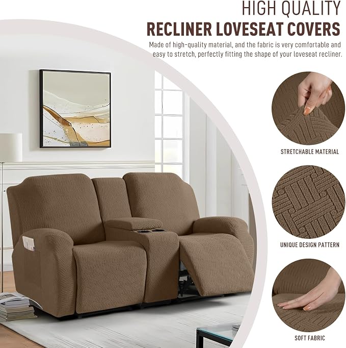KinCam Loveseat Recliner Covers with Middle Console Slipcover, Light Coffee | Stretch Recliner Sofa Covers for 2 Seat Couch Cover, Jacquard Furniture Protector Covers with Elastic Bottom for Kids, Pets - Image 5
