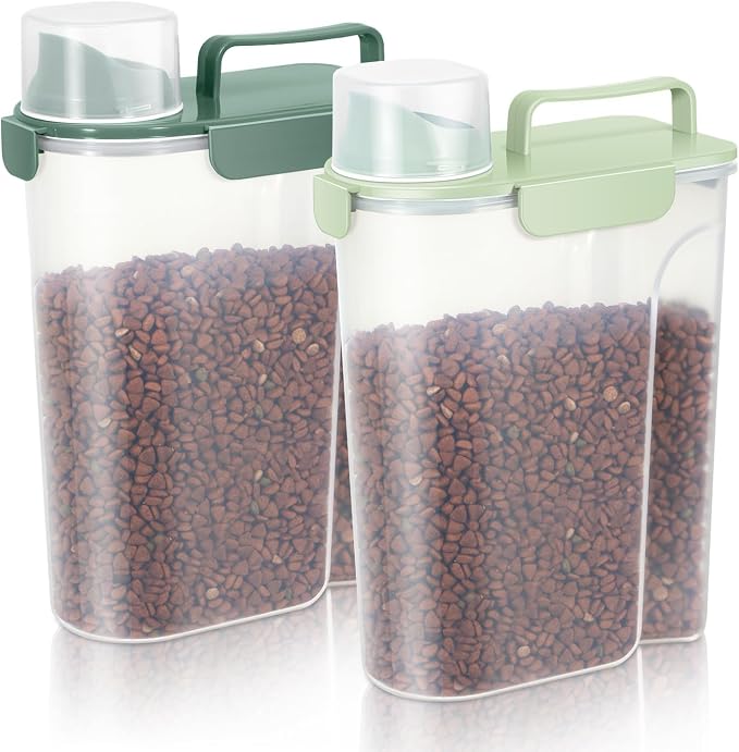 LEAWALK 5-7lbs Dog Cat Storage Container Portable with Upgraded Large Spout and Cup, Plastic Pet Food Dispenser for Small Animal Kibble, Bird Seed,Oatmeal, Rice,Flour, Brown Sugart-Green 2pack - Image 8